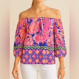 Lilly Pulitzer Sanilla Silk Floral Printed Off-the-Shoulder‎ Blouse Large Resort